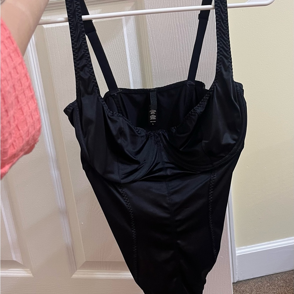 SKIMS Onyx Stretch Satin Bodysuit in Black